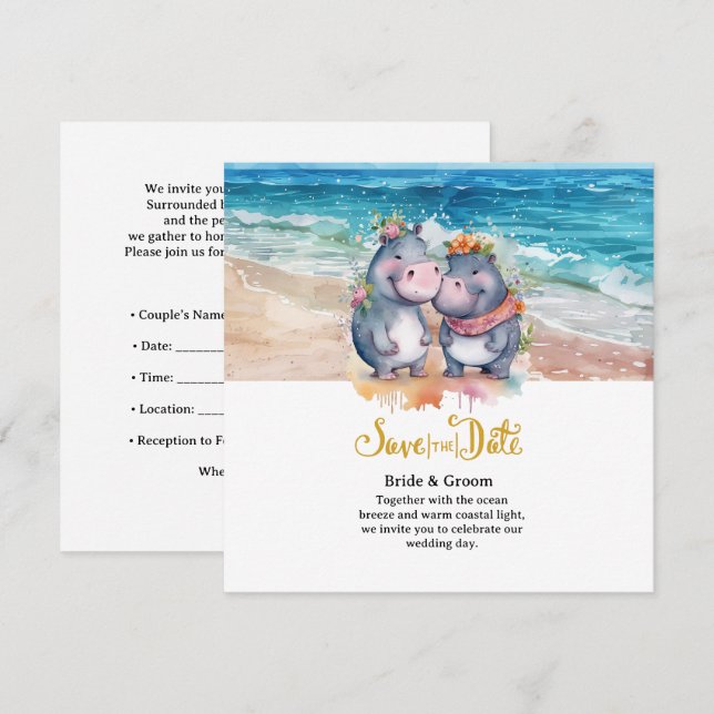 Reserve A Data Casamento na Praia com Casal de Hipopótamos (Frente/Verso)