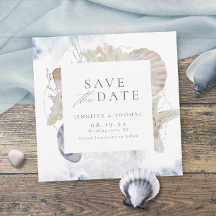 Reserve A Data Casamento na praia com coral aquarela azul e conch