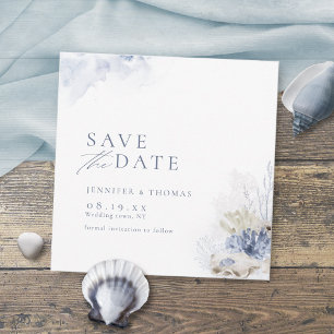 Reserve A Data Casamento na praia com coral aquarela azul e conch