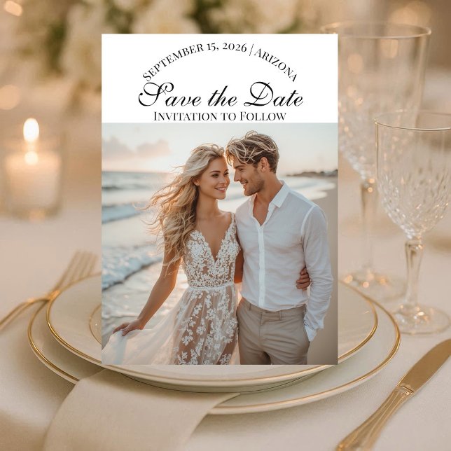 Reserve A Data Casamento na Praia com Duas Fotos em Script Modern (Modern Script Two Beach Photos Destination Wedding Save The Date)