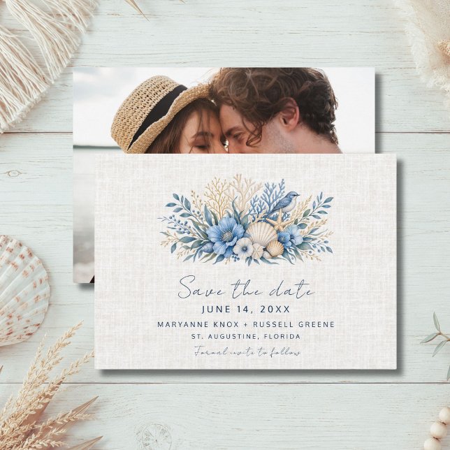 Reserve A Data Casamento na Praia Costeira Azul Foto Save the Dat (Blue Coastal Beach Wedding Photo Save the Date)