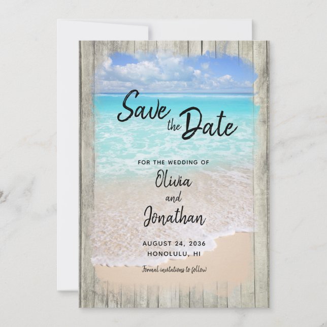 Reserve A Data Casamento na Praia de Madeira Rústica Oceano Azul  (Frente)