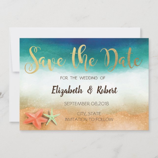 Reserve A Data Casamento na Praia, Estrela do Mar Salva a Data (Frente)
