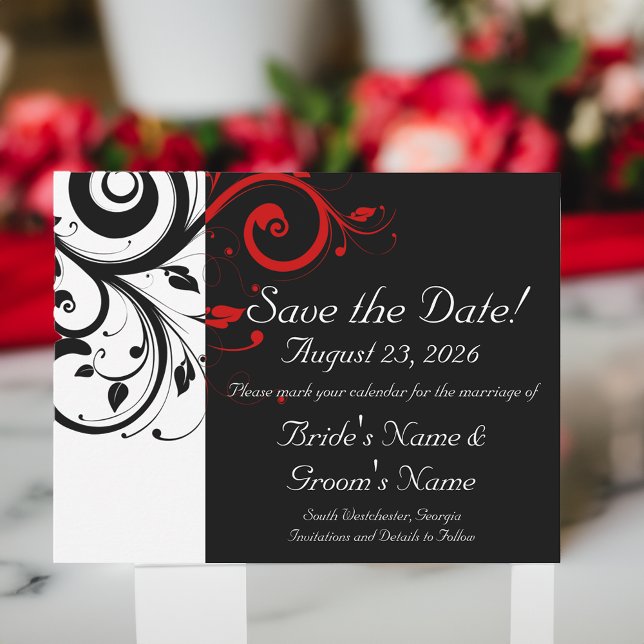 Reserve A Data Casamento Negra, Branca, Vermelho, Salve a Data (black white red swirl wedding save the date cards)