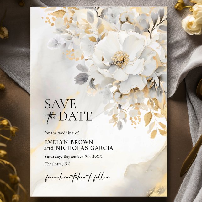 Reserve A Data Casamento Negra De Cinzas Douradas De Peônias De F (Elegant Flower Peony Gold Grey Black Wedding Save The Date)