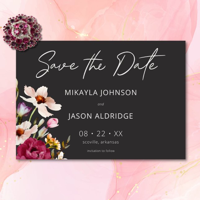 Reserve A Data Casamento Negra Floral do Verão Elegante Moderno (Modern Elegant Summer Meadow Floral Black Wedding Save The Date)
