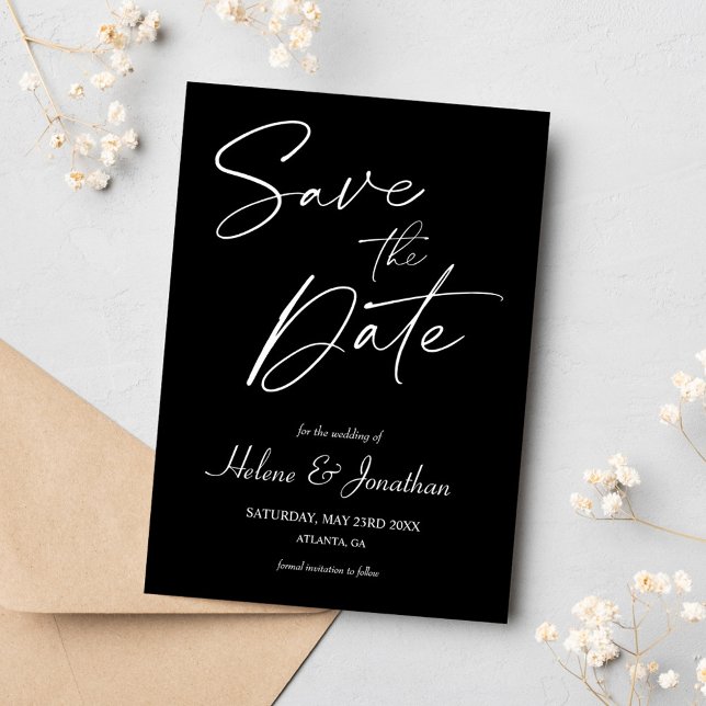 Reserve A Data Casamento Negro da Caligrafia Minimalista (Minimalist Calligraphy Black Wedding Save The Date)