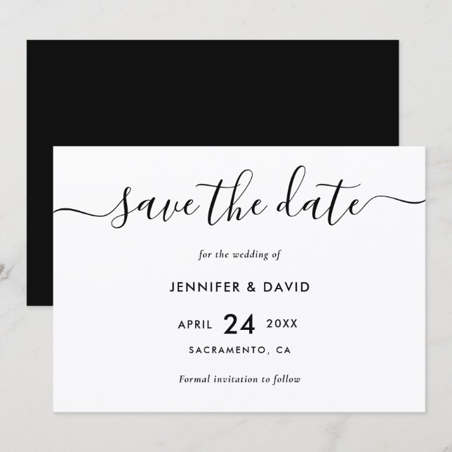 Reserve A Data Casamento Negro e Branco Moderno Elegante (Frente/Verso)