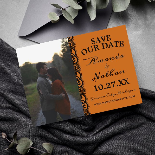 Reserve A Data Casamento Negro Laranja do Halloween do Luar Gótic (Criador carregado)