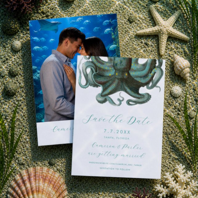 Reserve A Data Casamento no Aquário Verde do Polvo Salvar a Data (Green Octopus Aquarium Wedding Save The Date for an Under the Sea theme wedding by Concertina Press)