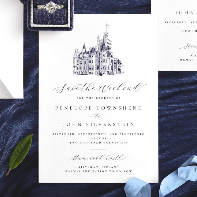 Reserve A Data Casamento no Fim de Semana da Ilustração do Castel (Elegant Castle Illustration Weekend Wedding Save The Date Mock)