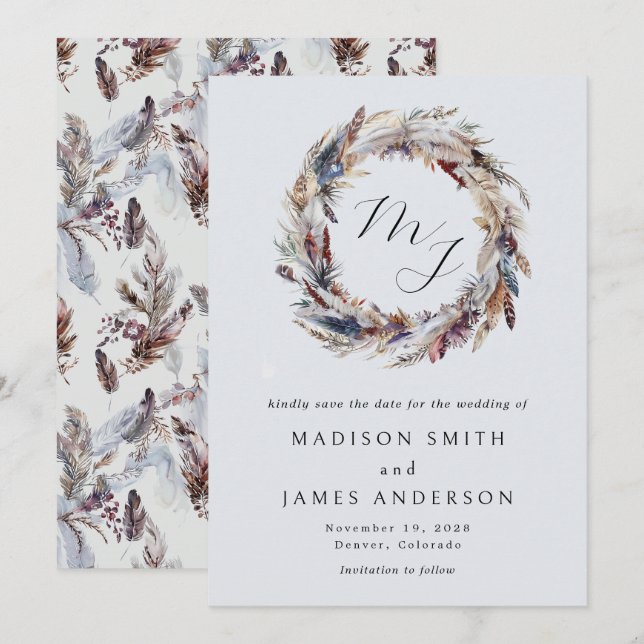 Reserve A Data Casamento no inverno Boho Feenas Wreath Monograma (Frente/Verso)