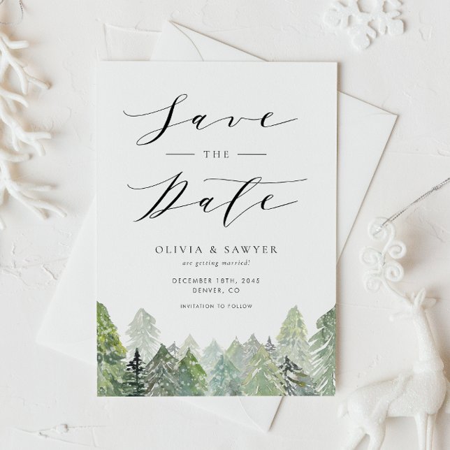 Reserve A Data Casamento no inverno de Água Neve Evergreen Woodla (QR code save the date card with snowy watercolor forest for winter weddings and outdoor themes.)