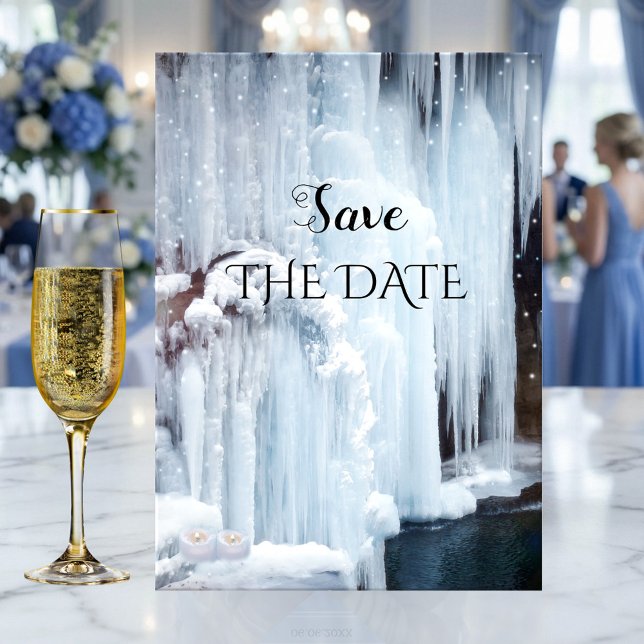 Reserve A Data Casamento no inverno de gelo espumante Salve a pla (Winter wedding Save the Date card featuring a frozen waterfall with sparkling light snow flakes)