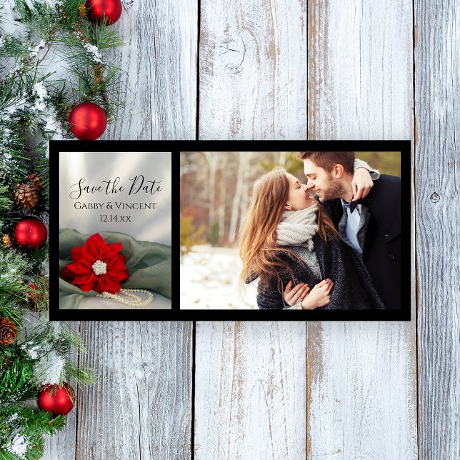 Reserve A Data Casamento no inverno Poinsettia e Pérolas Salvar a (Set a festive tone for your December marriage with the Poinsettia and Pearls Save the Date Card.)