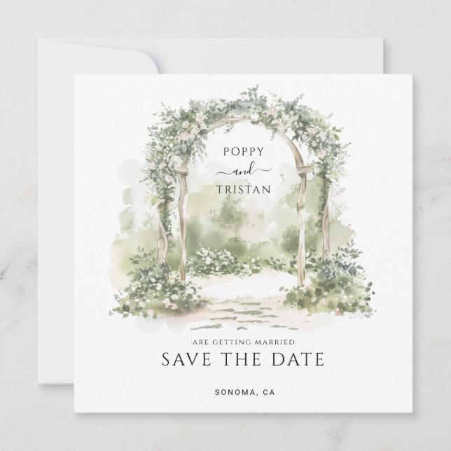 Reserve A Data Casamento no Jardim com Arco Floral Elegante (Frente)
