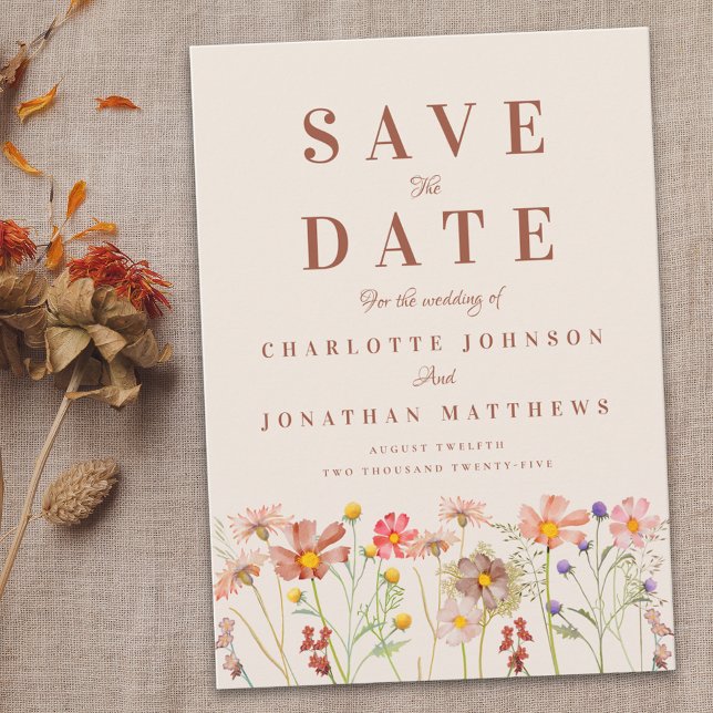Reserve A Data Casamento no Prado de Flores Silvestres de Outono  (Elegant boho fall Wildflower meadow floral Wedding save the date Terracotta beige tan orange rust )