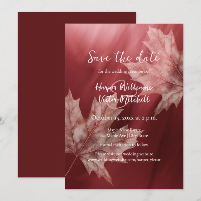 Reserve A Data casamento outono das folhas de maroon maple (Frente/Verso)