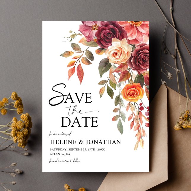 Reserve A Data Casamento outono Elegante Floral de Ferrugem Laran (Burgundy Orange Rust Floral Elegant Fall Wedding Save The Date)