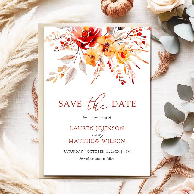 Reserve A Data Casamento outono Floral Simples de Aquarela Elegan (Elegant floral fall wedding save the date card with bold watercolor flowers, leaves and berries.)