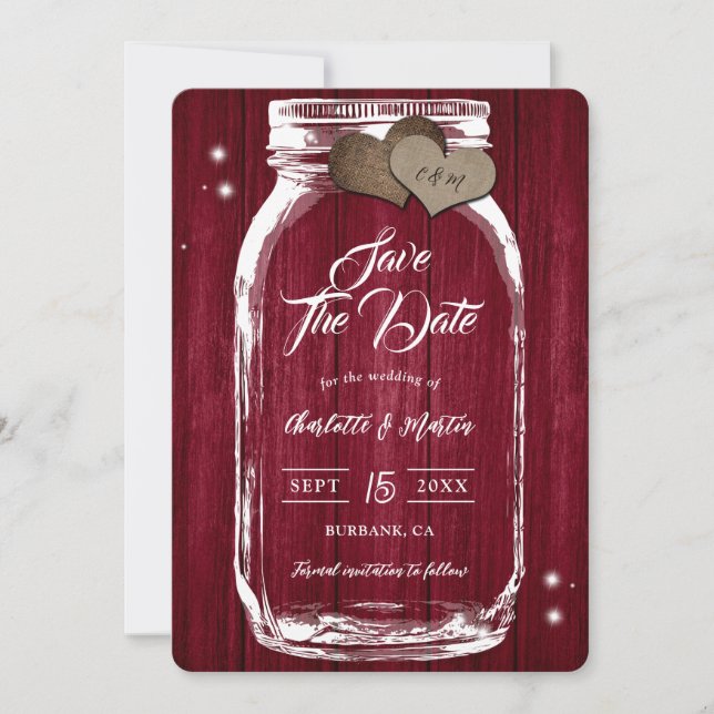 Reserve A Data Casamento outono Rustic Burgundy Mason Jar Wood (Frente)