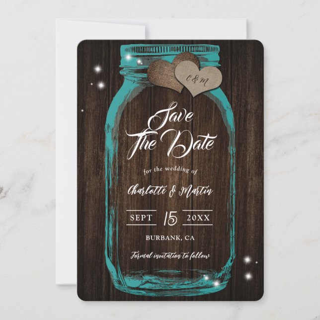 Reserve A Data Casamento outono Rustic Teal Mason Jar Wood (Frente)