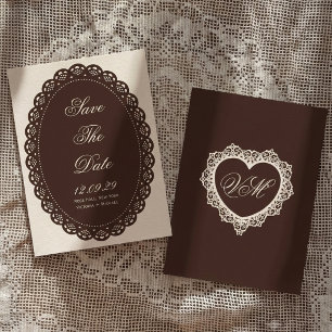 Reserve A Data Casamento Oval de Renda Marrom Escuro Vintage
