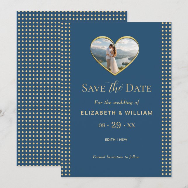 Reserve A Data Casamento personalizado com bolinhas azuis e doura (Frente/Verso)