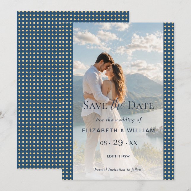 Reserve A Data Casamento personalizado com bolinhas azuis e doura (Frente/Verso)