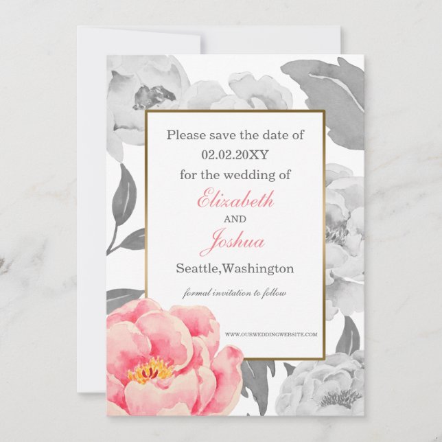 Reserve A Data Casamento Pink Peony salvar a data (Frente)