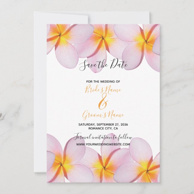 Reserve A Data Casamento Pink Plumeria Frangipani Salvar A Data (Frente)
