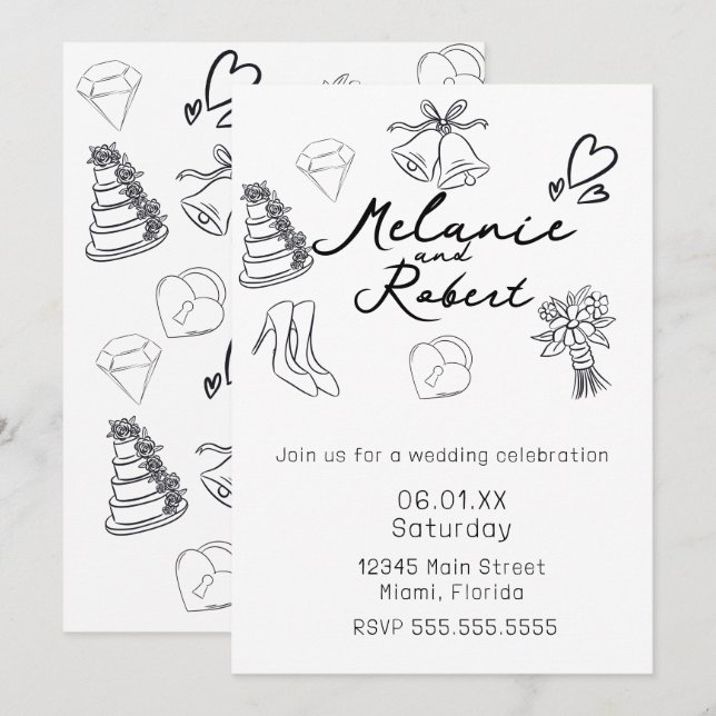 Reserve A Data Casamento Preto Branco com Rabiscos Caprichosos (Frente/Verso)