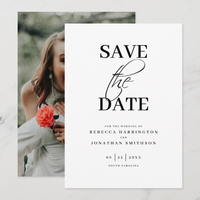 Reserve A Data Casamento Preto Branco de Foto Minimalista Elegant (Frente/Verso)