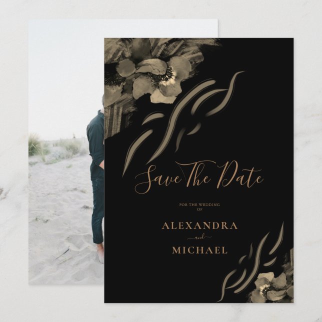 Reserve A Data Casamento Preto com Flores Iris do Ouro de Foto Pe (Frente/Verso)