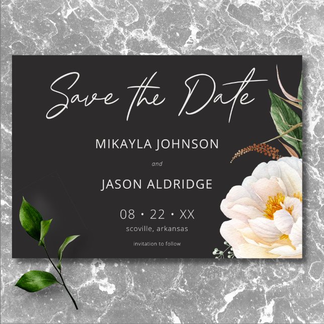 Reserve A Data Casamento Preto com Peônias Brancas Elegantes Mode (Modern Elegant White Peonies on Black Wedding Save The Date)