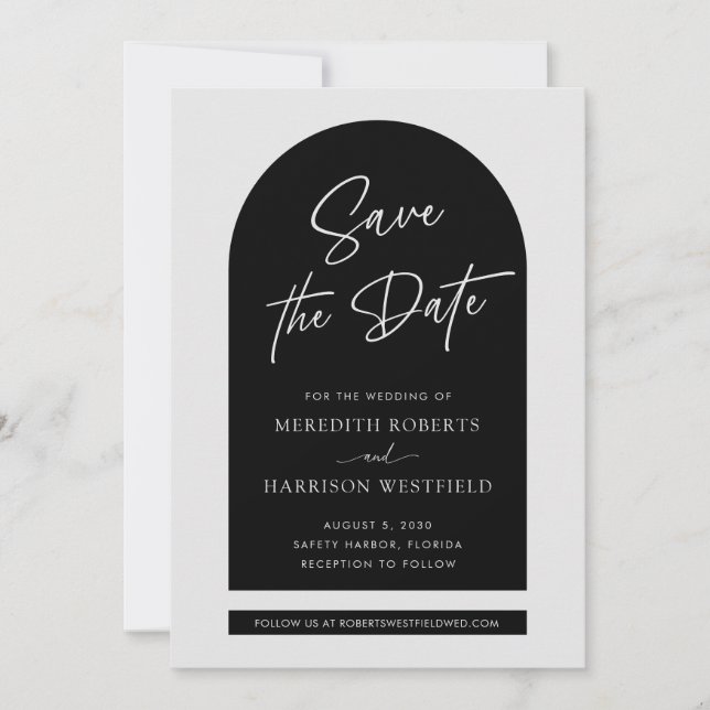 Reserve A Data Casamento Preto com Script Moderno de Arch Chic (Frente)