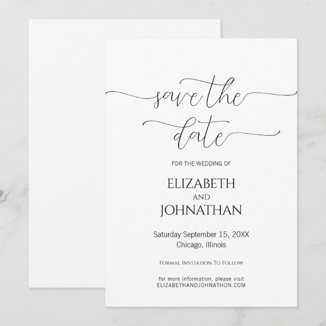 Reserve A Data Casamento preto e branco com script mínimo simples (Frente/Verso)