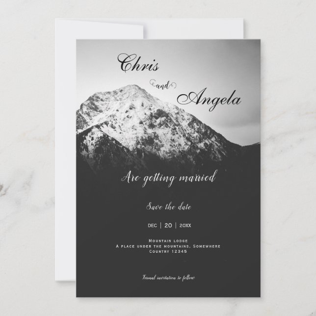 Reserve A Data Casamento preto e branco sob as montanhas (Frente)