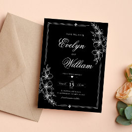 Reserve A Data Casamento Preto Floral Caligrafia Moderna Elegante