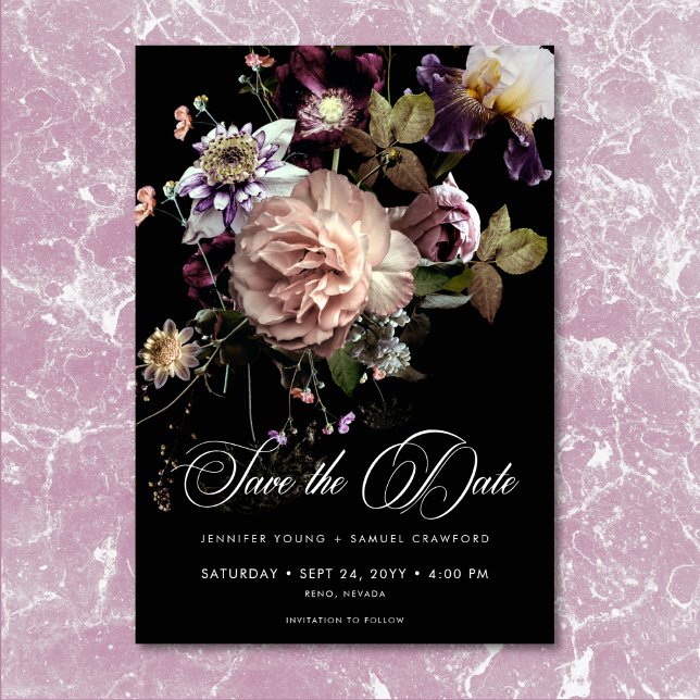 Reserve A Data Casamento Preto Floral Opulente de Pastel Moody Da (Dark Moody Pastel Opulent Floral Black Wedding Save The Date)