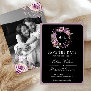 Reserve A Data Casamento Preto Foto Floral Roxa Pó Rustico