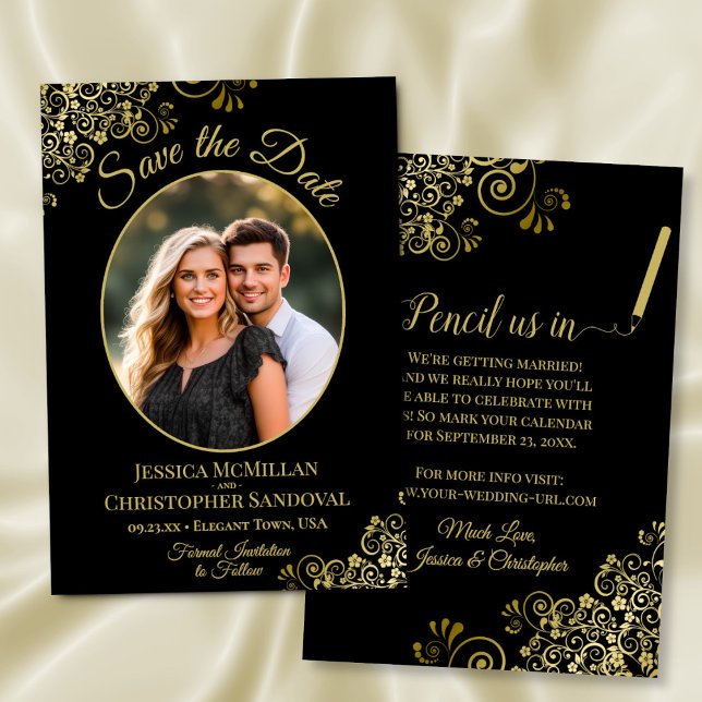 Reserve A Data Casamento Preto Foto Oval Ondas de Ouro Elegantes (Front/Back)