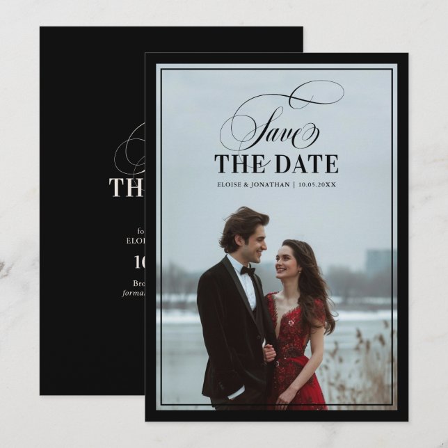 Reserve A Data Casamento Preto Luxuoso Chic de Dinheiro Antigo Mo (Frente/Verso)