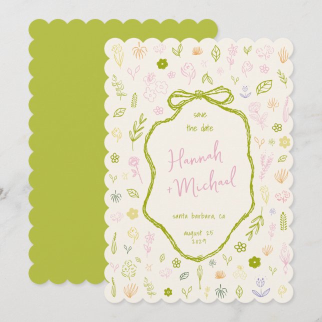 Reserve A Data Casamento Primavera Flores Desenhadas à Mão no Est (Frente/Verso)