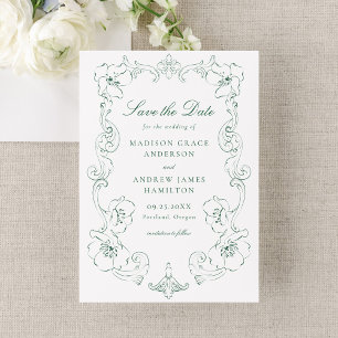 Reserve A Data Casamento Quadro Floral Ornado Verde Elegante