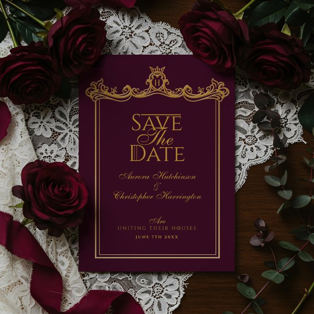 Reserve A Data Casamento Real de Ornamentado de Fantasia Medieval (Royal Muse Medieval Fantasy Ornate Plum Wedding Save The Date)
