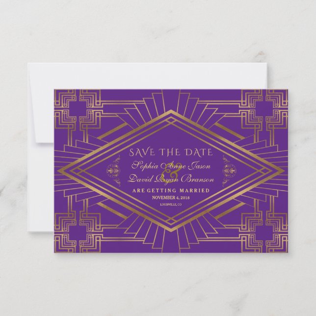 Reserve A Data Casamento Real do Excelente Dourado Roxo Gatsby (Frente)