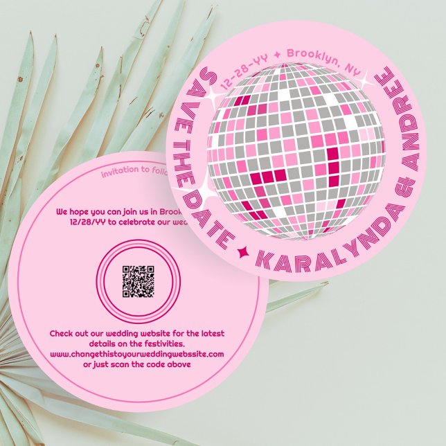 Reserve A Data Casamento Redondo Elegante Disco Ball Rosa (Fun and Elegant. Groovy pink and red disco ball wedding save the date with QR code)
