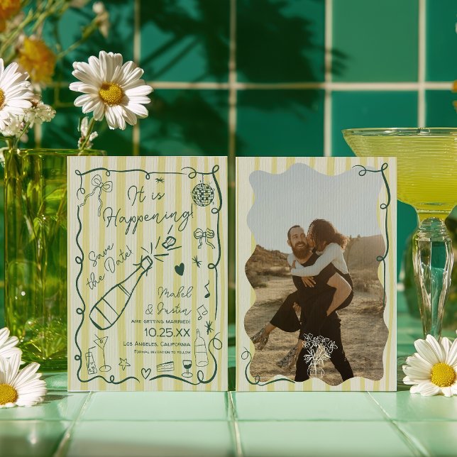 Reserve A Data Casamento retrô com foto desenhada à mão em verde  (Retro Citrus Green hand drawn photo wedding Save The Date)