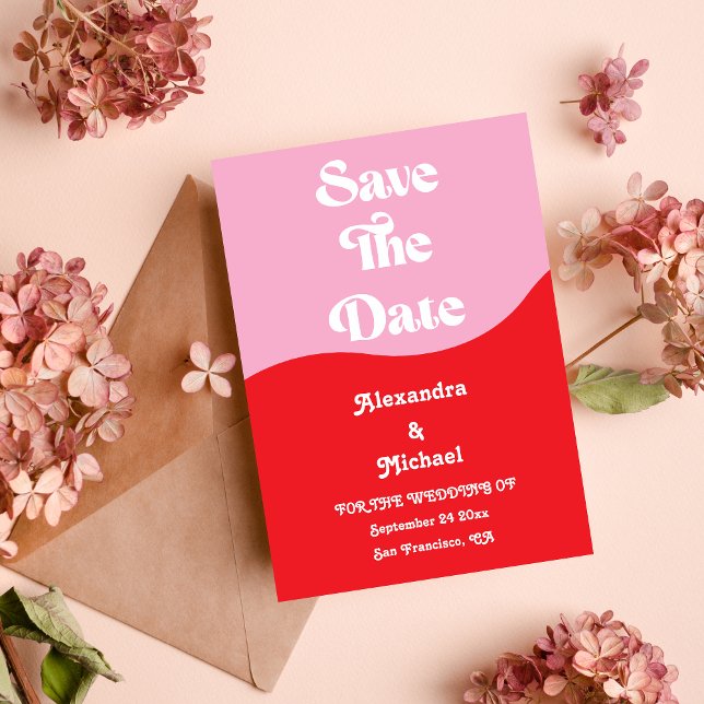 Reserve A Data Casamento Retro dos Anos 70 Rosa e Vermelho Neon (Criador carregado)